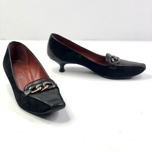 VINTAGE Donald. J. Pliner 12 GEES kitten heels brass chain suede and leather 8.5